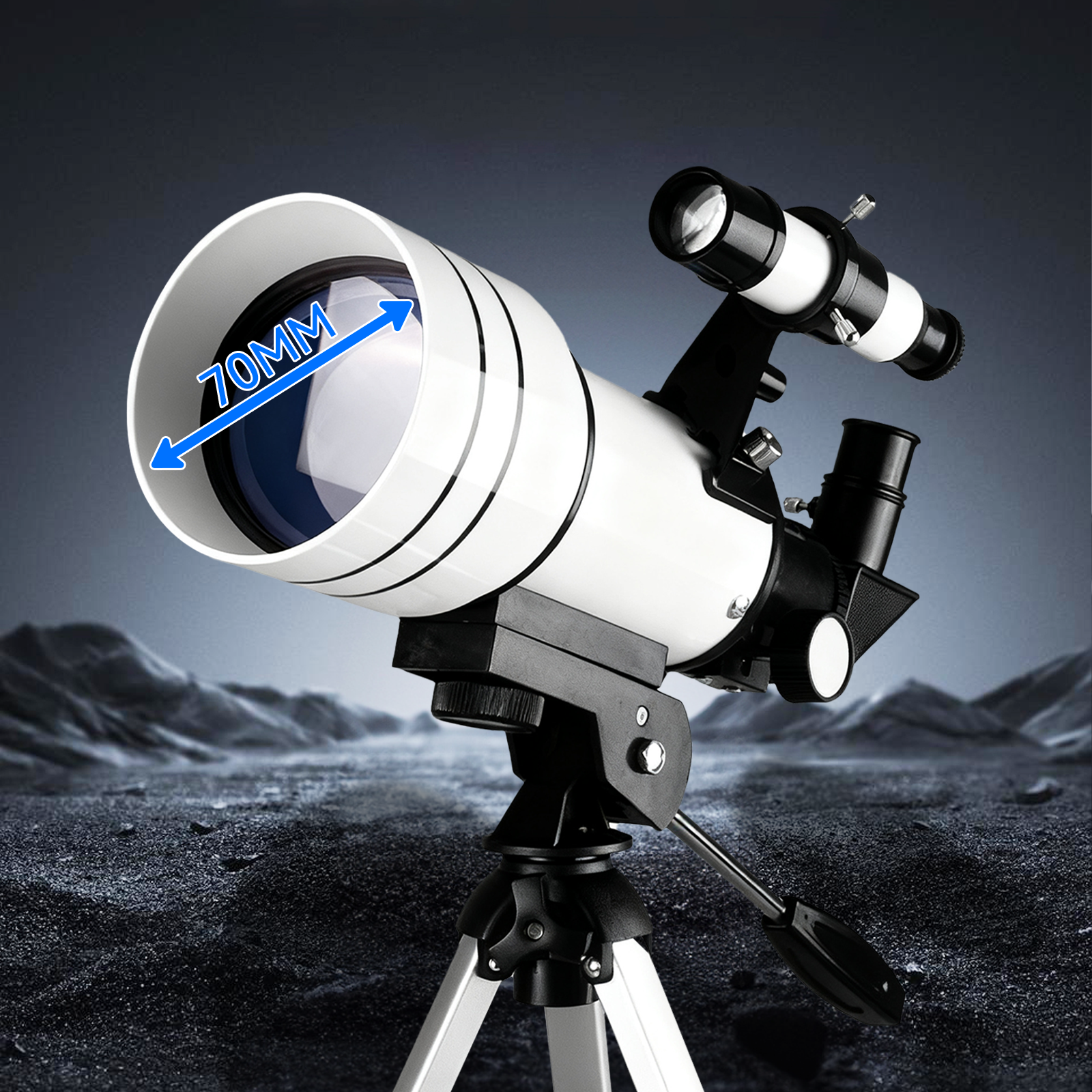 Jovantic Astronomical Telescope with a 70mm measurement on a dark landscape background