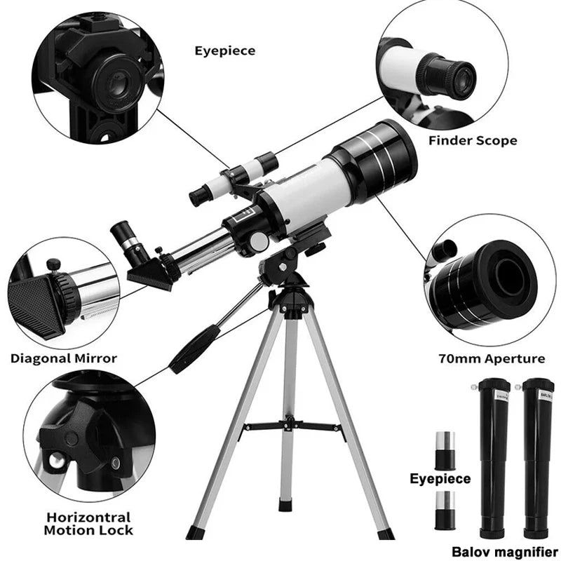 Jovantic Astronomical Telescope with labeled parts on a white background