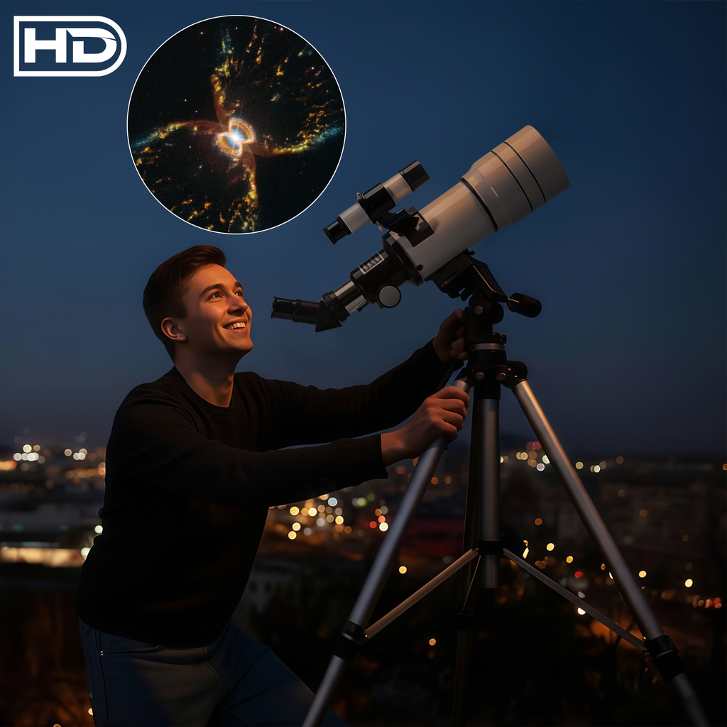 Man using a Jovantic Astronomical Telescope at night with city lights in the background