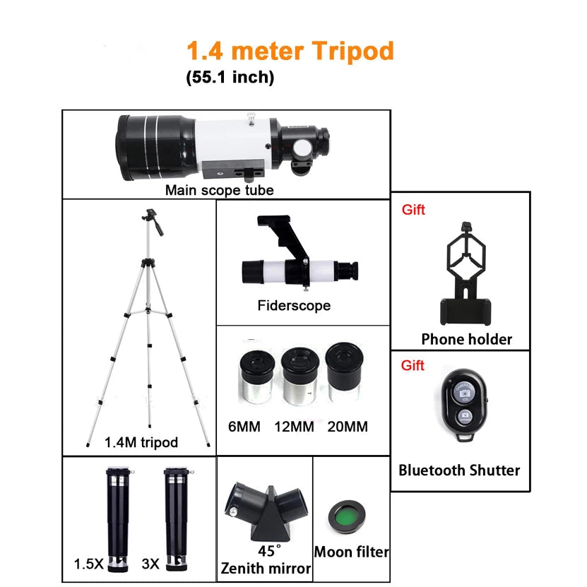 Jovantic Astronomical Telescope set with accessories including a tripod, scope tube, phone holder, and filters on a white background.