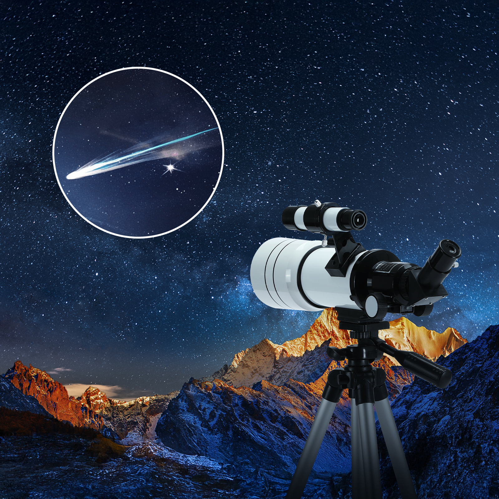 Jovantic Astronomical Telescope on a tripod with a mountainous landscape and starry sky background