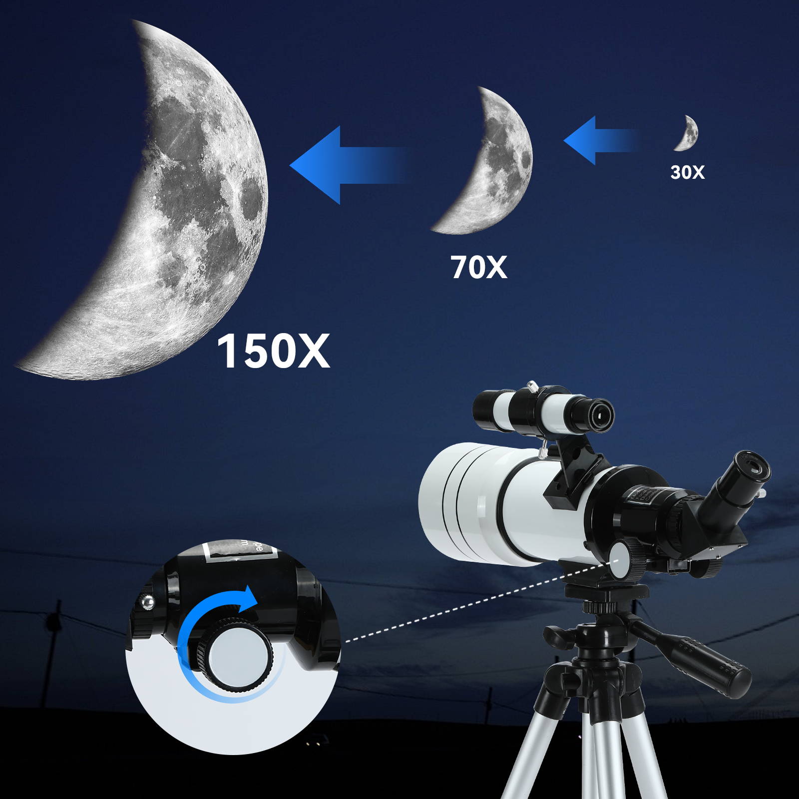 Jovantic Astronomical Telescope with zoom levels and moon illustration on a dark sky background