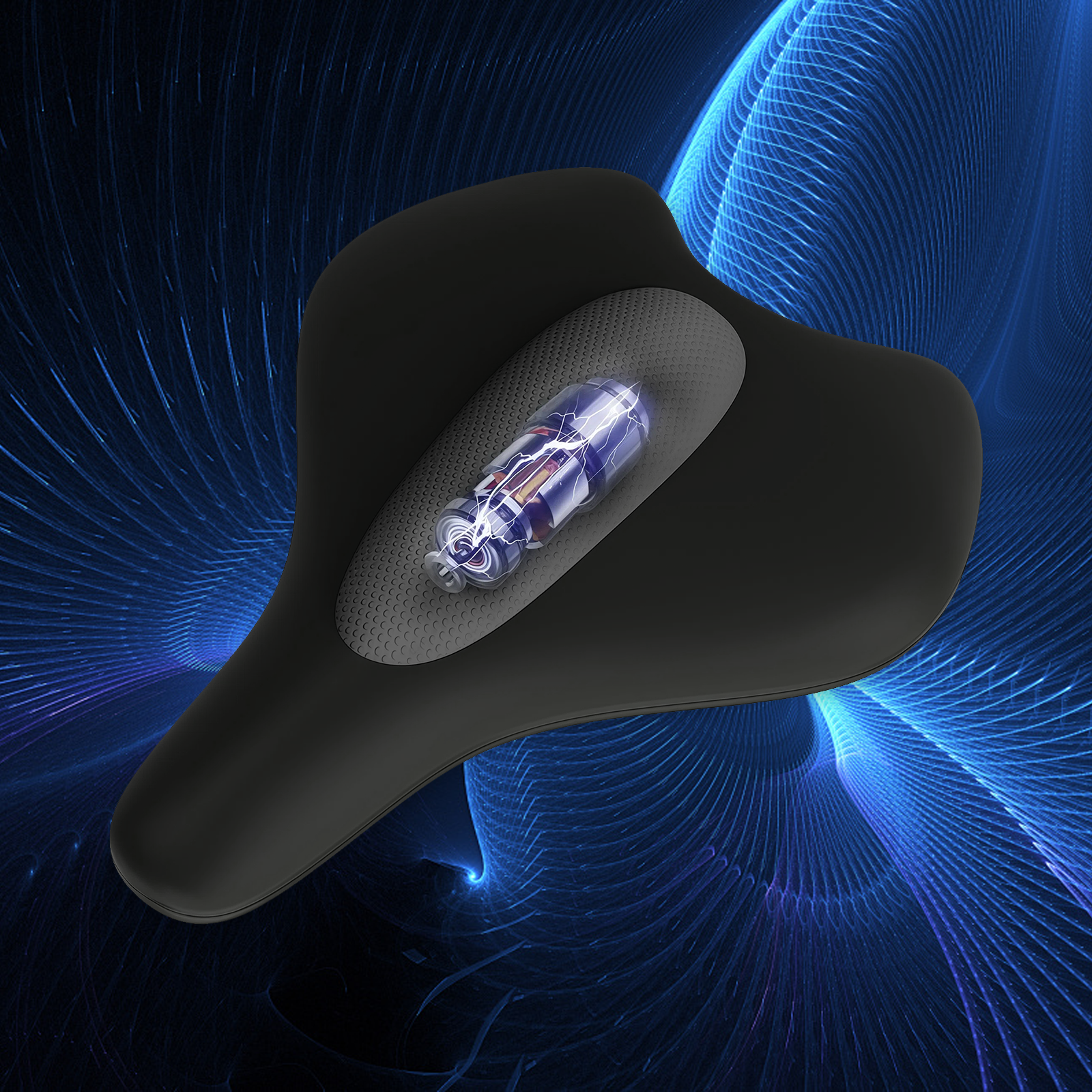 Black Jovantic Pelvic Floor Trainer seat with a reflective component on a blue abstract background