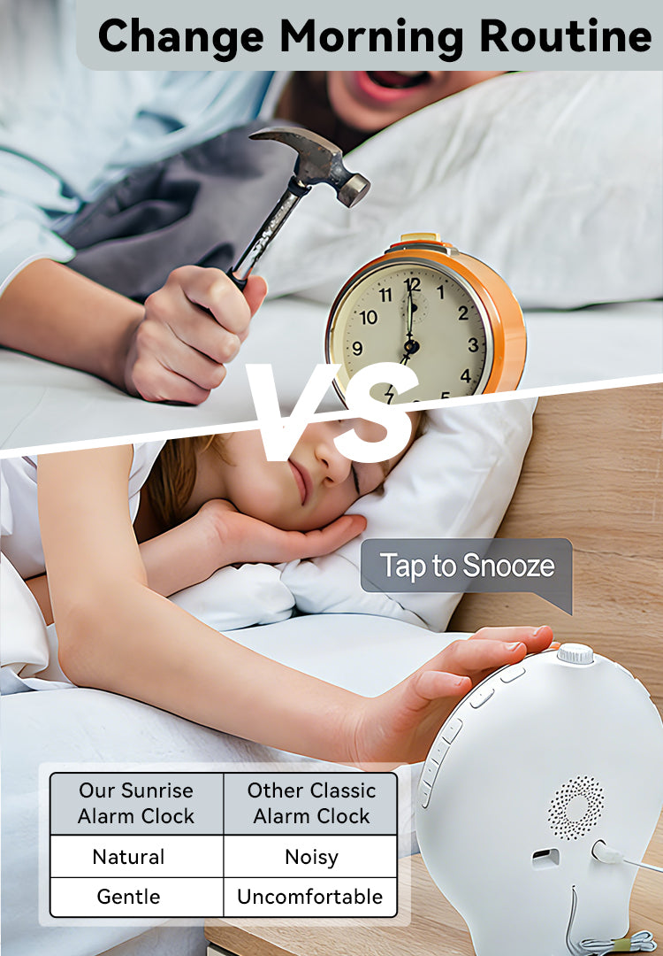 Comparison of a Kalvori Sunrise Alarm Clock with a classic alarm clock, showing a person being woken up by each.