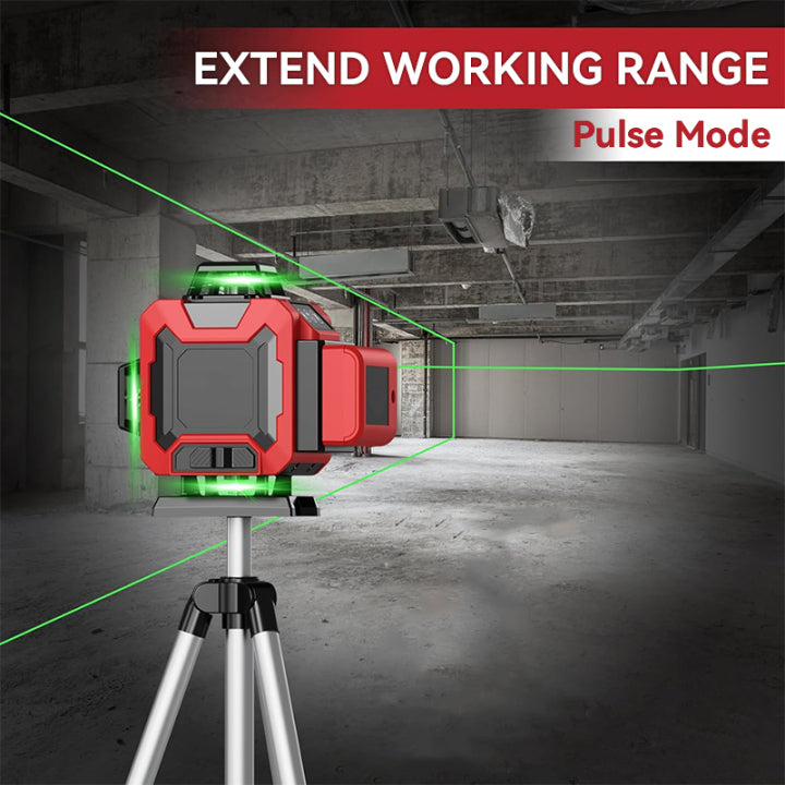 Red Kalvori laser on a tripod with green lines in an indoor setting, emphasizing 'Extend Working Range' and 'Pulse Mode'.