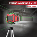 Red Kalvori laser on a tripod with green lines in an indoor setting, emphasizing 'Extend Working Range' and 'Pulse Mode'.