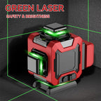 Red and black green Kalvori Laser Level with green lines on a dark background