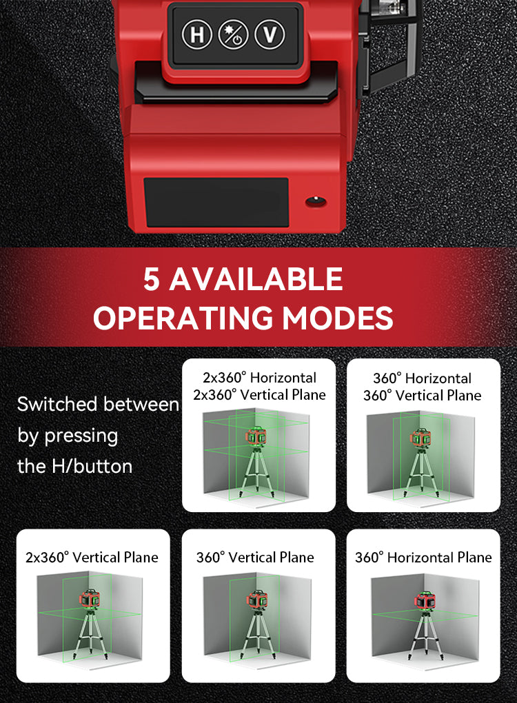 Red Kalvori laser level with operating mode display and explanations of modes on a black background