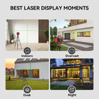 Collage of laser display moments indoors, overcast, dusk, and night with a red Kalvori laser level device on a tripod.