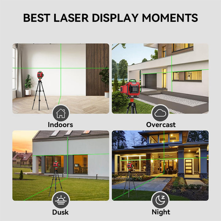Collage of laser display moments indoors, overcast, dusk, and night with a red Kalvori laser level device on a tripod.