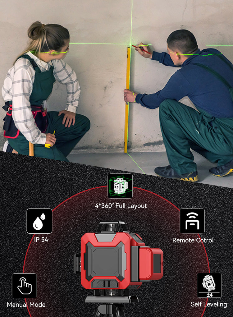 Two people using a Kalvori laser level on a wall with product features displayed below.