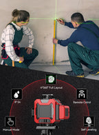 Two people using a Kalvori laser level on a wall with product features displayed below.