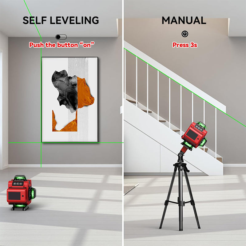 Two scenarios showing a Kalvori laser level device with self-leveling and manual settings in a home setting.