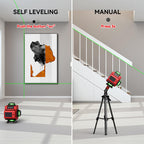 Two scenarios showing a Kalvori laser level device with self-leveling and manual settings in a home setting.