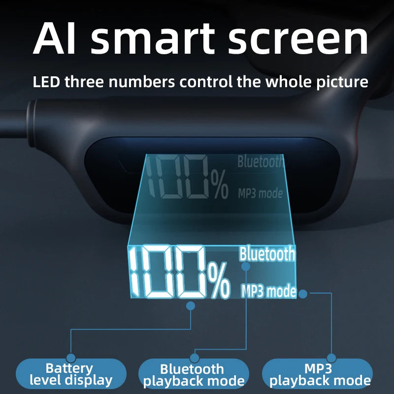 AI smart screen with LED display showing battery level, Bluetooth status, and MP3 mode on a dark background.