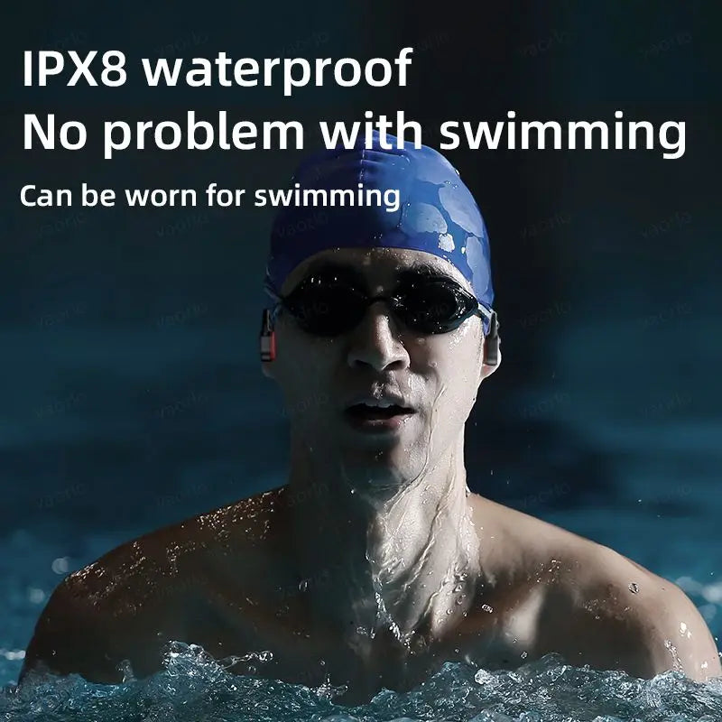 Person wearing a swim cap and goggles with text about IPX8 waterproofness.