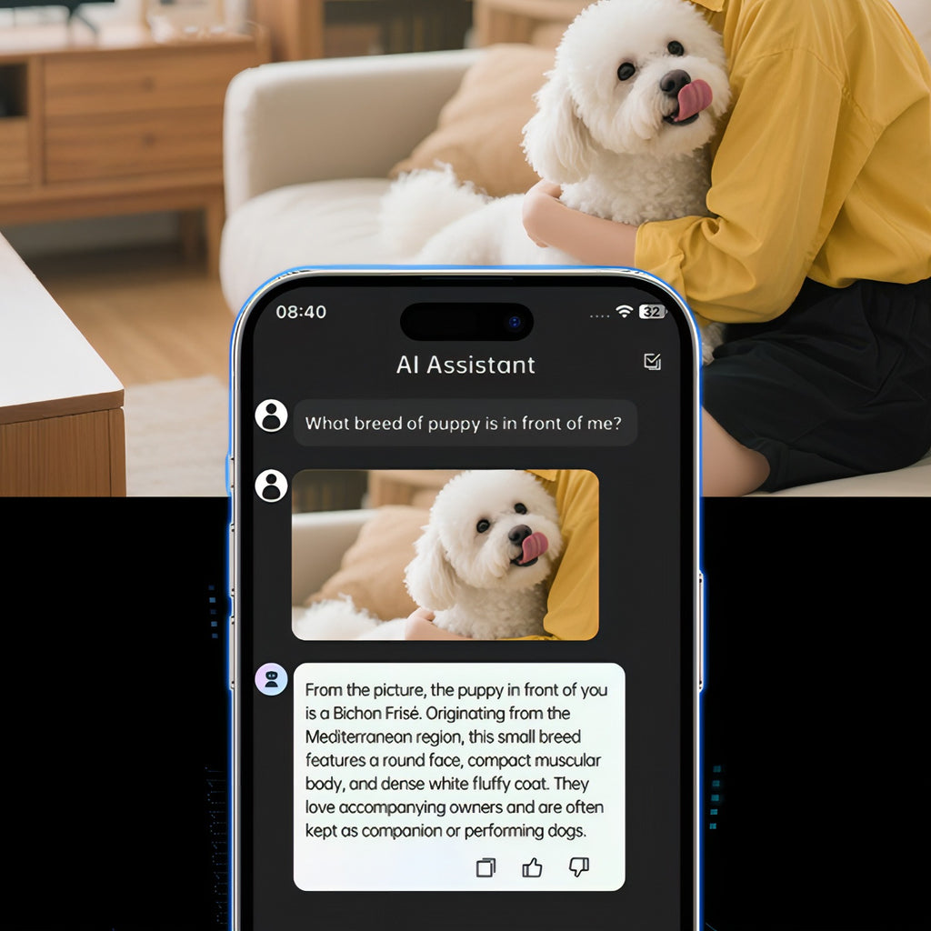 Person holding a white dog with an AI assistant app on a smartphone displaying dog breed information.