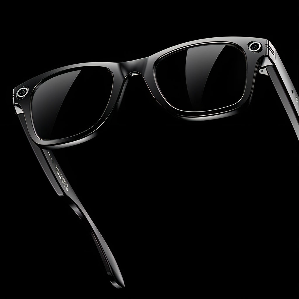 Black Keovy Smart Glasses with reflective lenses on a black background