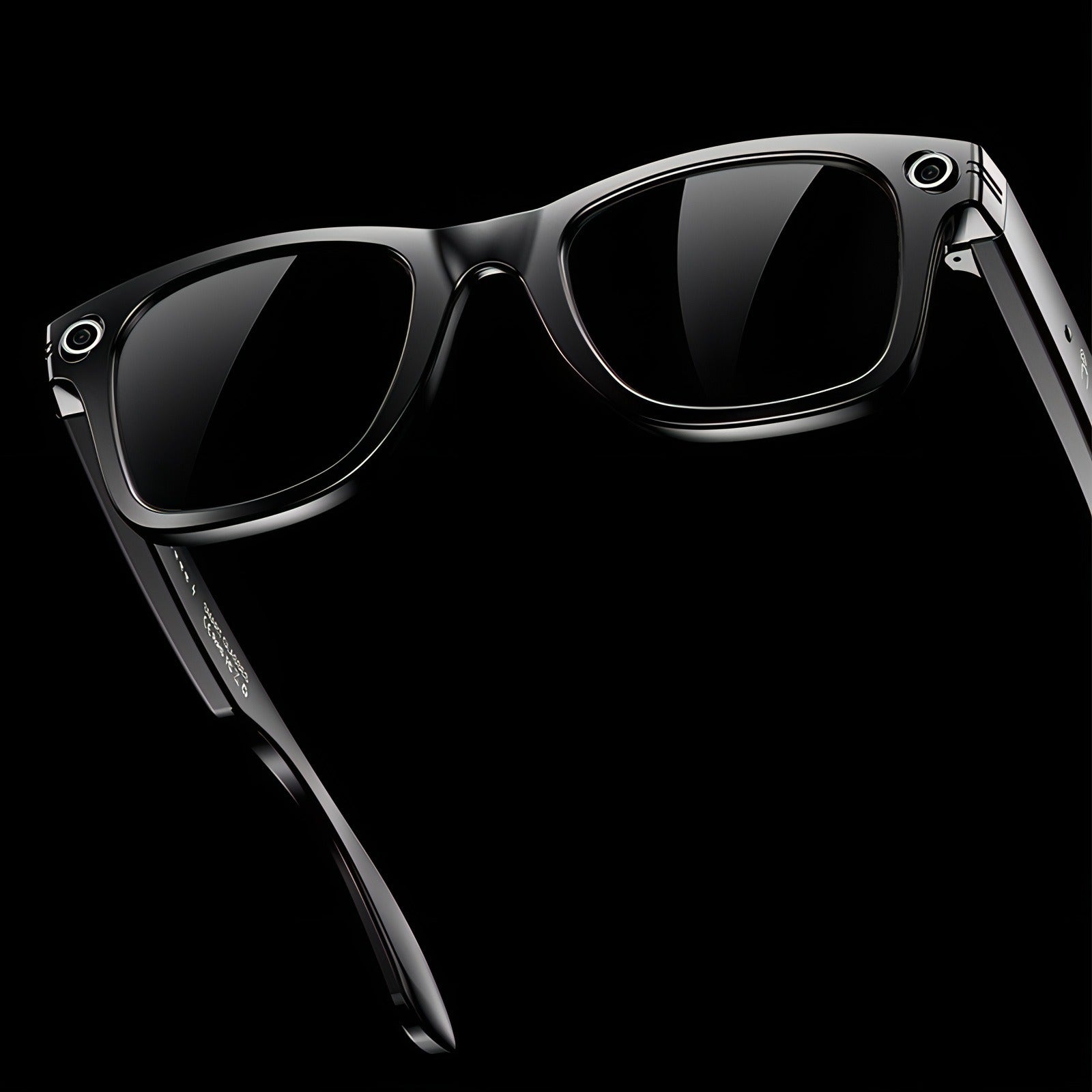 Black Keovy Smart Glasses with reflective lenses on a black background