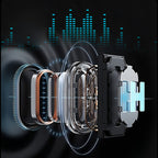 Keovy Smart Glasses with a transparent case on a dark background with digital waveforms.