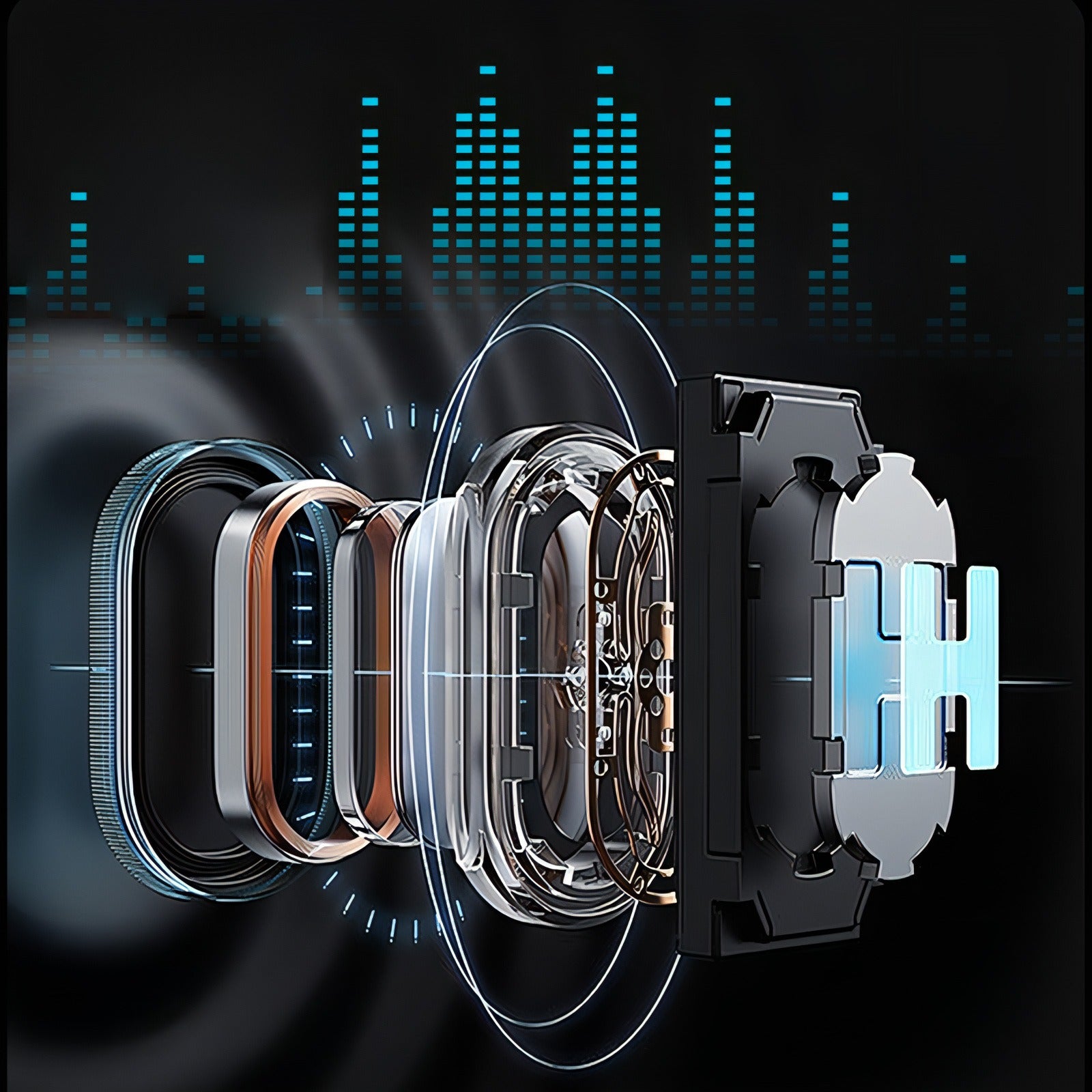 Keovy Smart Glasses with a transparent case on a dark background with digital waveforms.