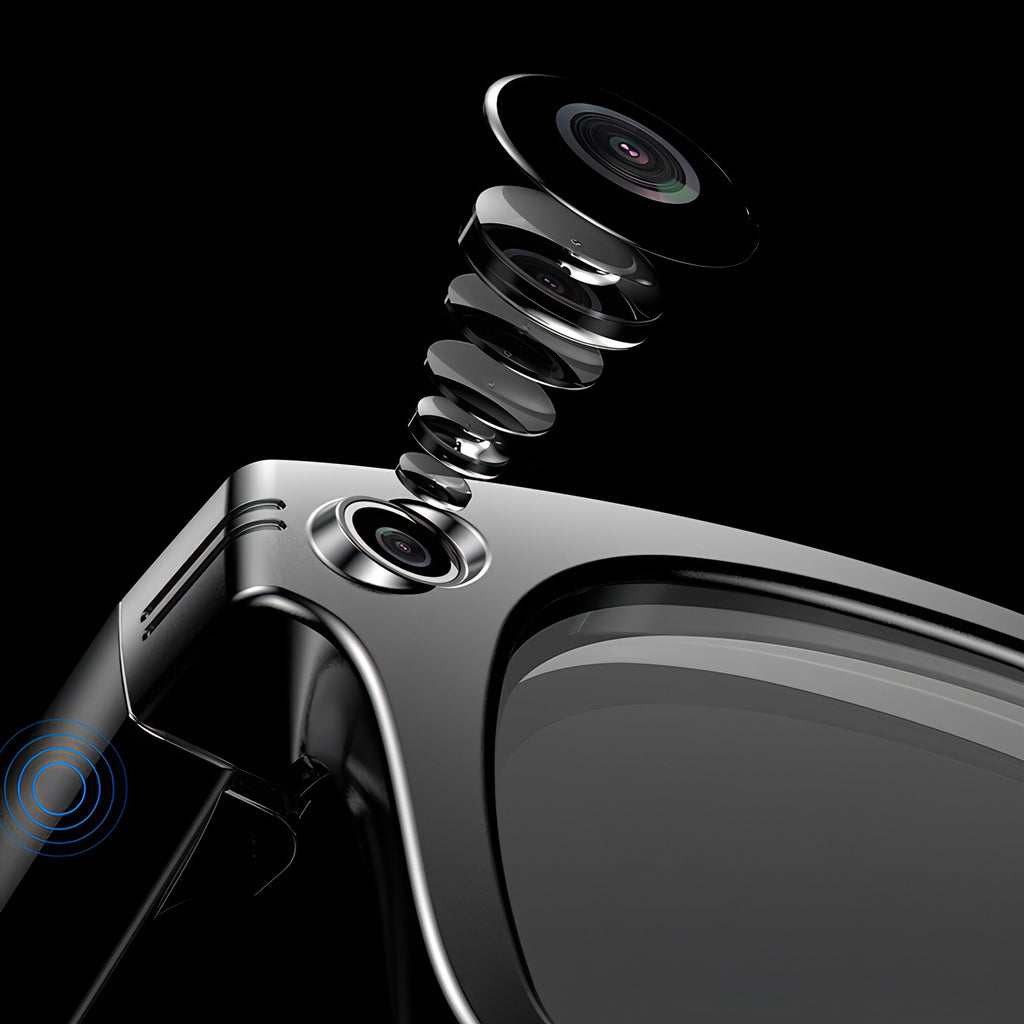 Close-up of a Keovy Smart Glasses lens system with a black background
