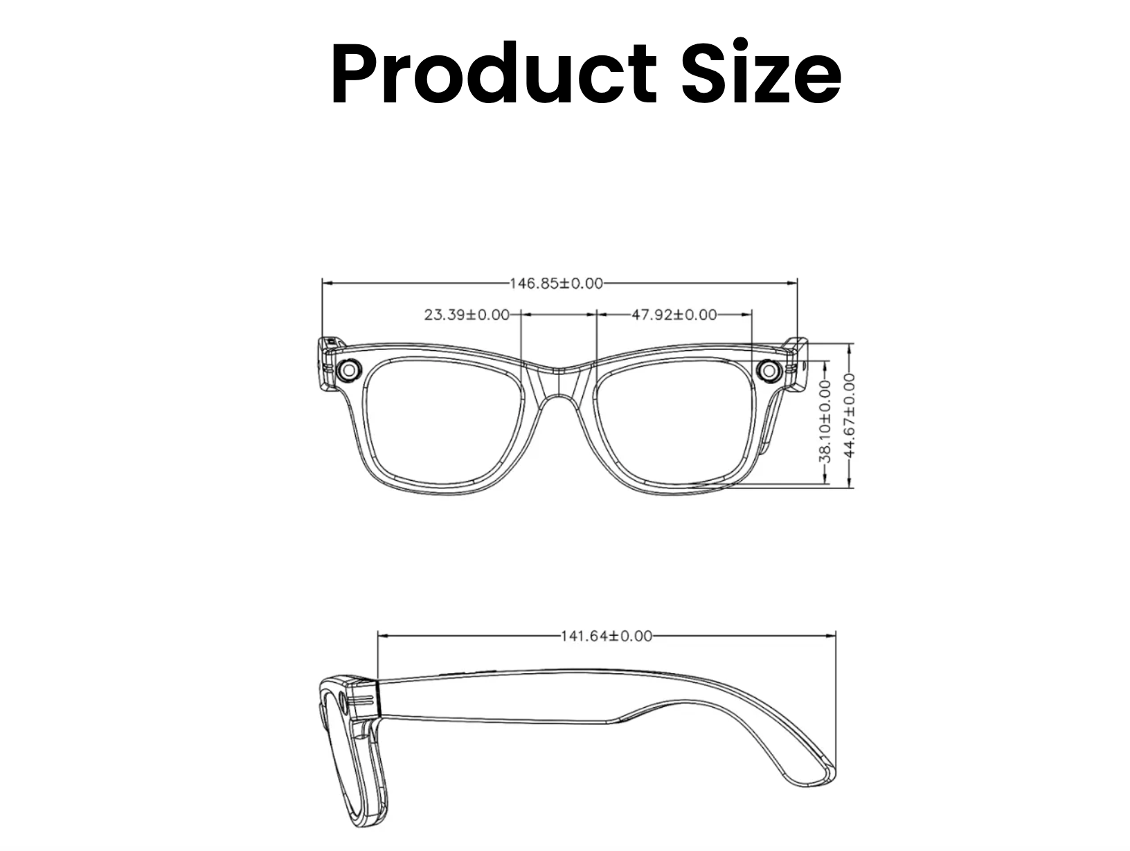 Technical drawing of a pair of Keovy Smart Glasses with dimensions on a white background