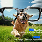 Dog running on grass with oversized Keovy Smart Glasses, featuring EIS algorithm text.