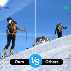 Two skiers on a snowy slope with 'Ours Keovy Vlogging Camera vs Others' text overlay.