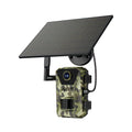 Camouflage-patterned Keovy Wildlife Camera with solar panel on a white background