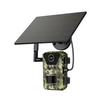 Camouflage-patterned Keovy Wildlife Camera with solar panel on a white background