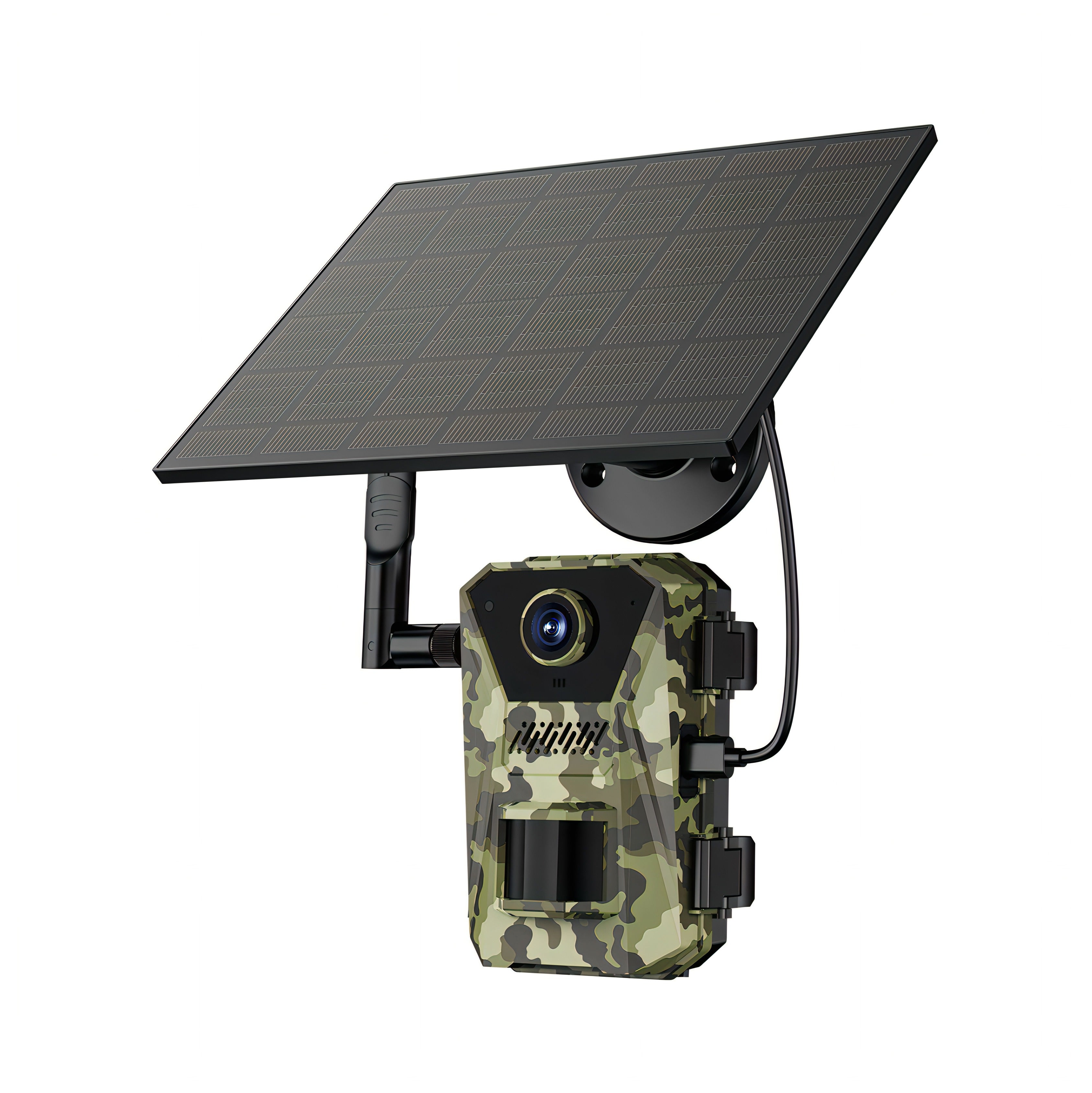Camouflage-patterned Keovy Wildlife Camera with solar panel on a white background