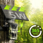 Solar-powered Keovy Wildlife Camera trap with 5W label and 365 days indicator in a forest setting