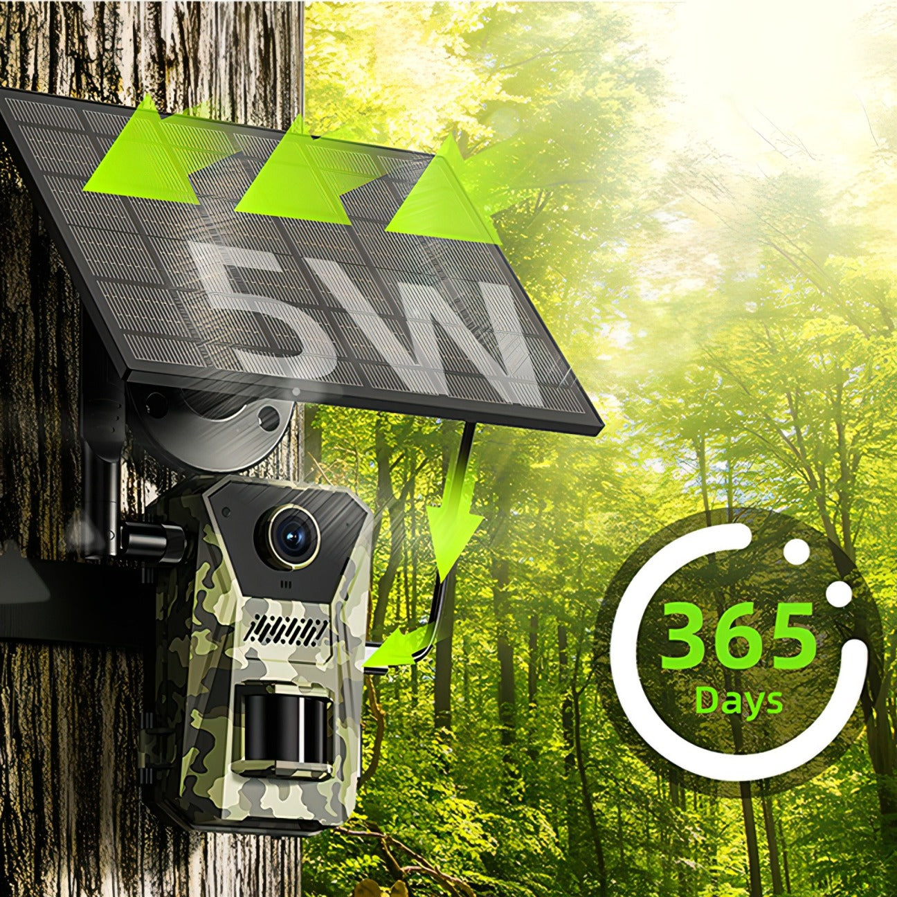 Solar-powered Keovy Wildlife Camera trap with 5W label and 365 days indicator in a forest setting