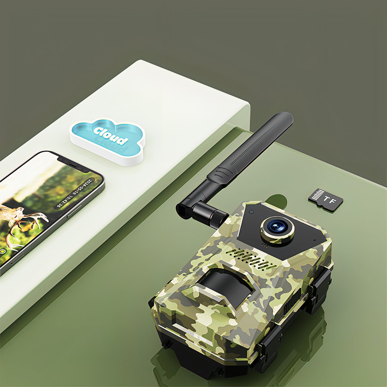 Camouflage-patterned Keovy Wildlife Camera with smartphone, cloud icon, and memory card on a green surface