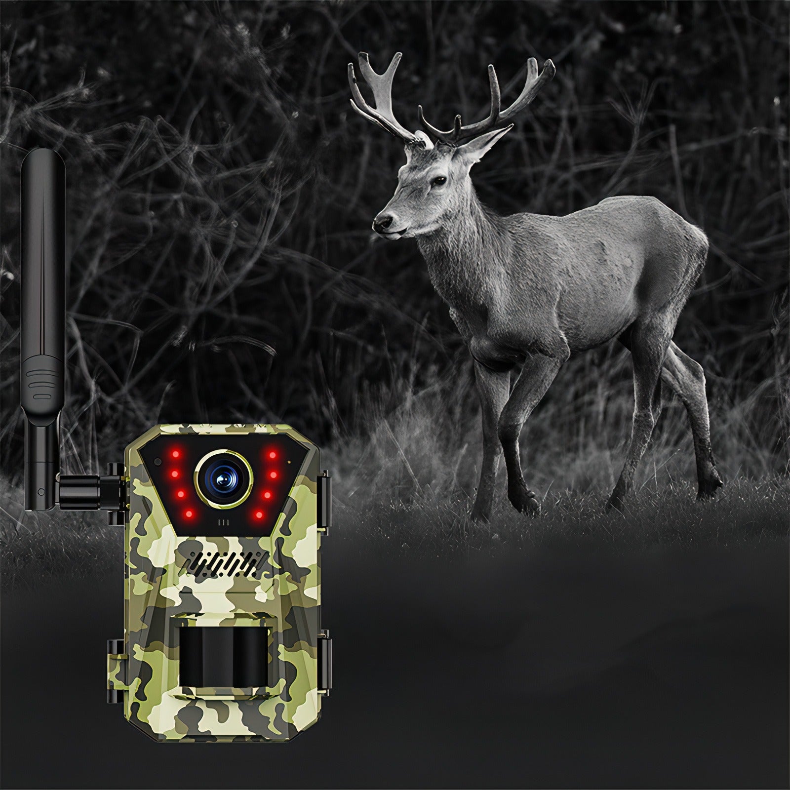 Camouflage Keovy Wildlife Camera with a deer in a dark forest setting
