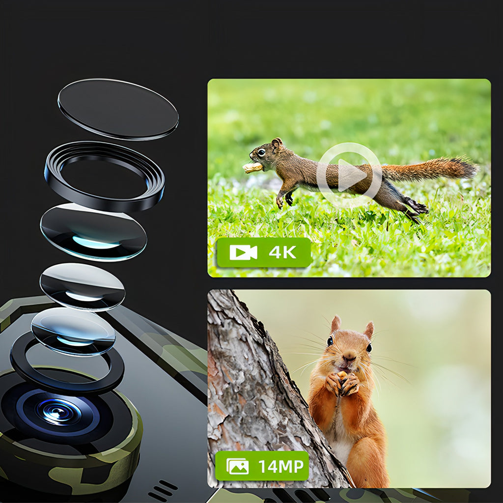 Keovy Wildlife Camera lens set with images of a squirrel on grass and a tree.