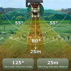 Keovy Wildlife Camera trap with detection angles and distances displayed in a field with deer.
