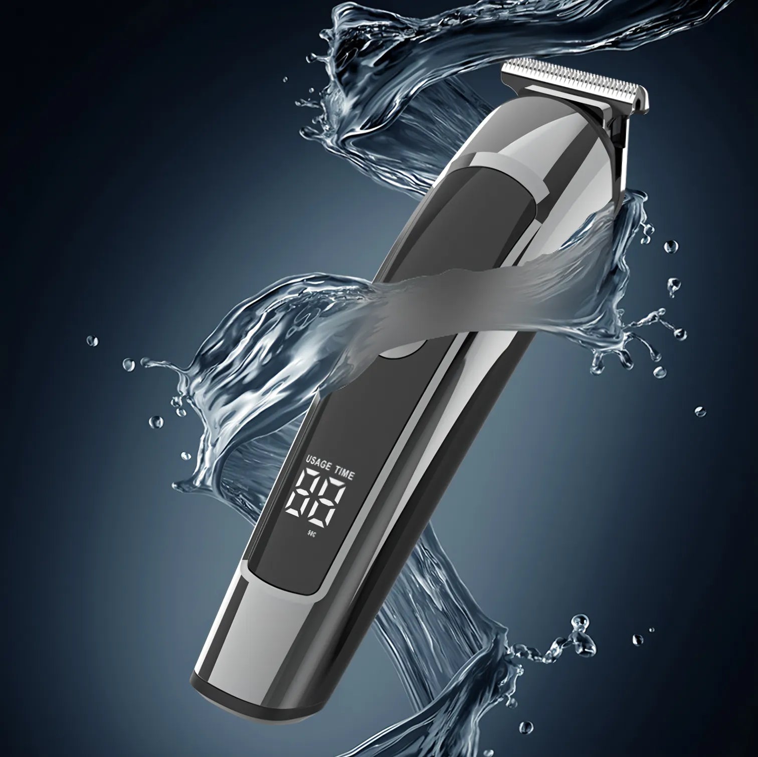 Keswo Hair Clipper with water splashes on a dark background