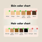 Color charts for skin and hair with color swatches and checkboxes.