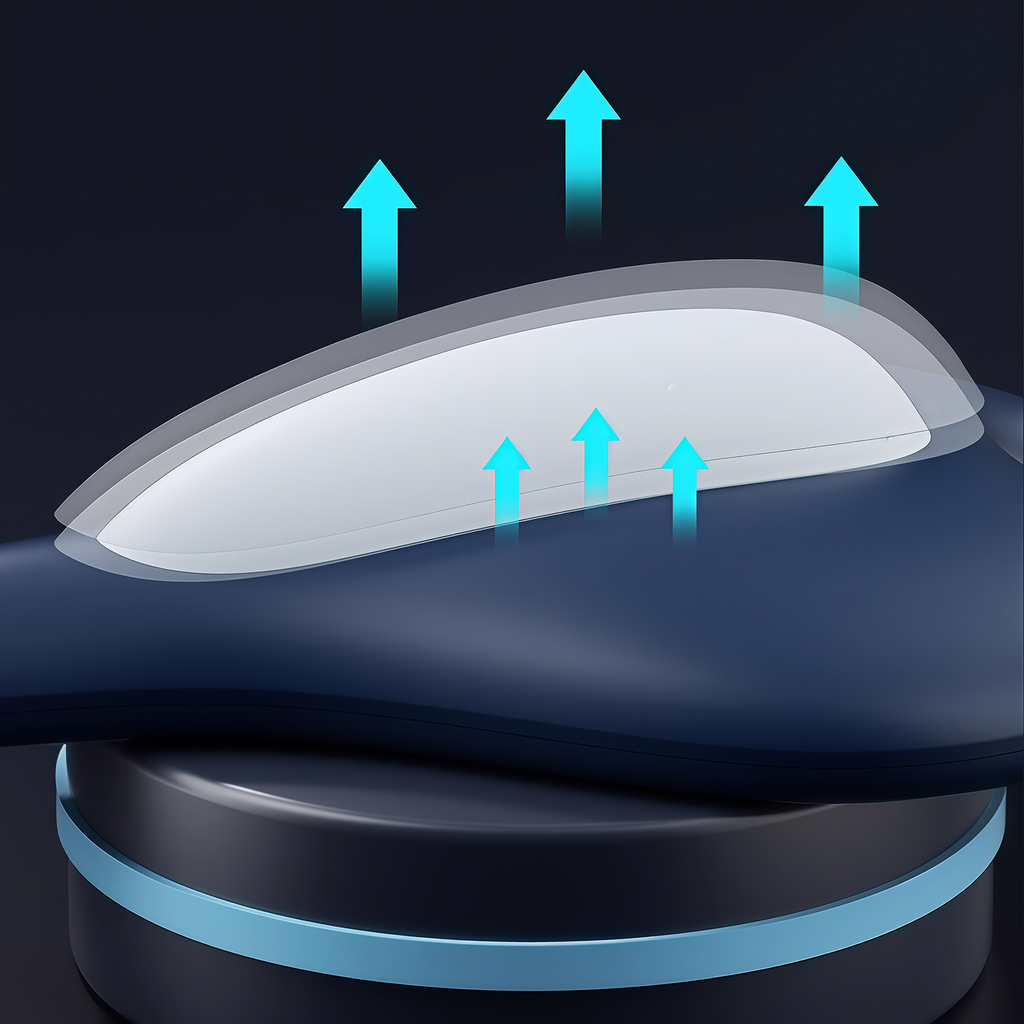 Illustration of a shoe with blue arrows indicating airflow on a dark background