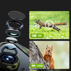 Korons Wildlife Camera lens set with images of a squirrel on grass and a tree.