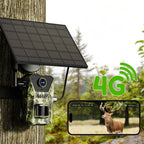 Korons Wildlife Camera with solar panel and 4G connectivity, showing a deer on a smartphone screen.