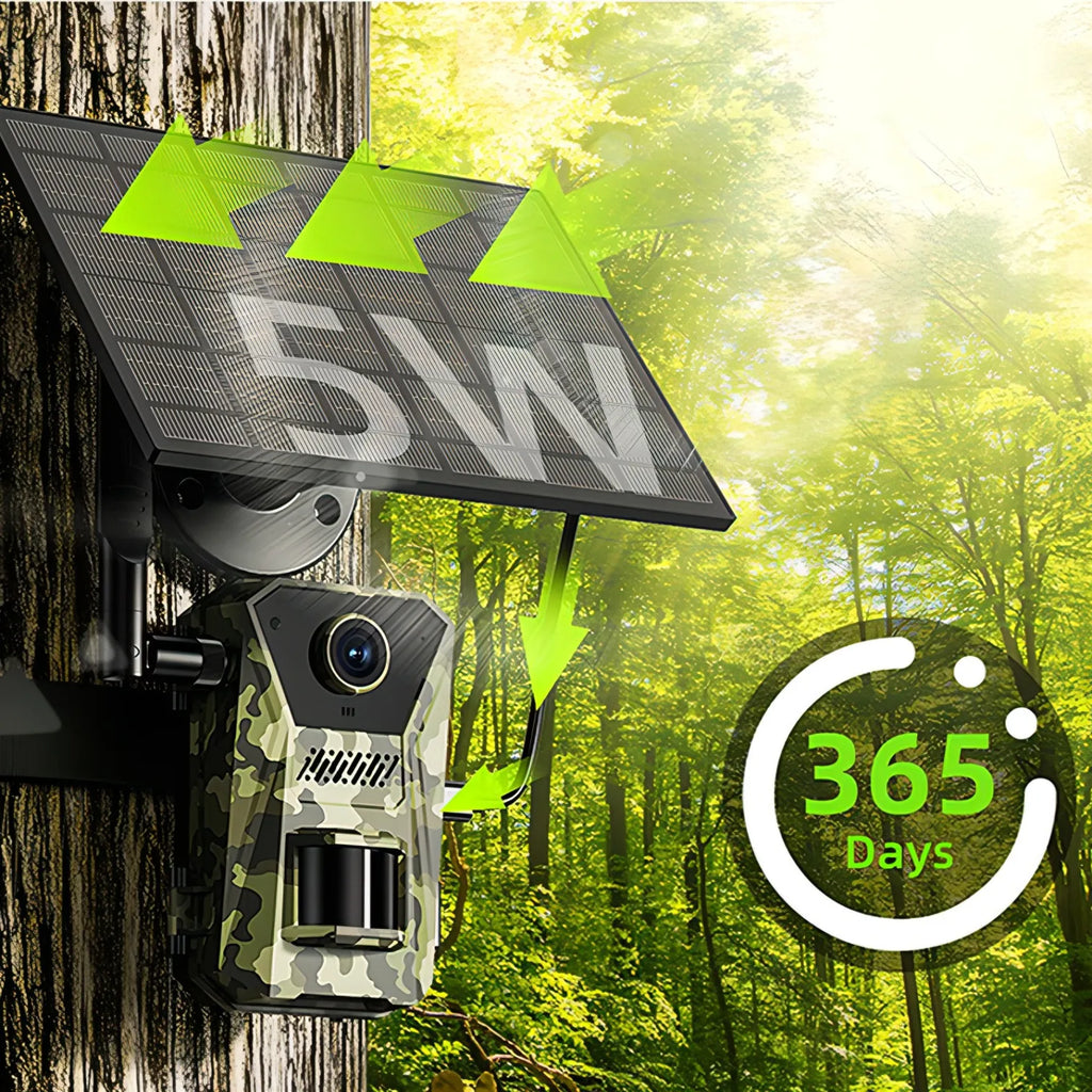 Solar-powered Korons Wildlife Camera
 trap with a 5W solar panel and 365-day indicator in a forest setting.