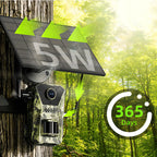 Solar-powered Korons Wildlife Camera
 trap with a 5W solar panel and 365-day indicator in a forest setting.