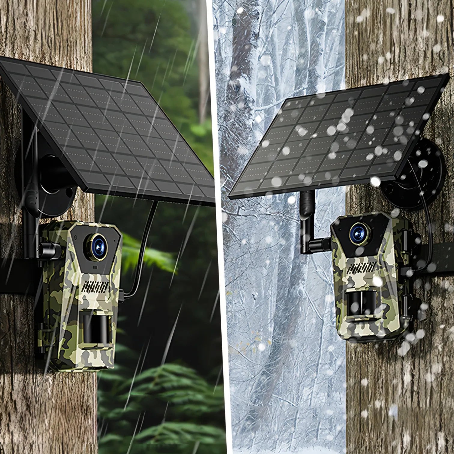 Two outdoor Korons Wildlife Camera with solar panels in rain and snow conditions.