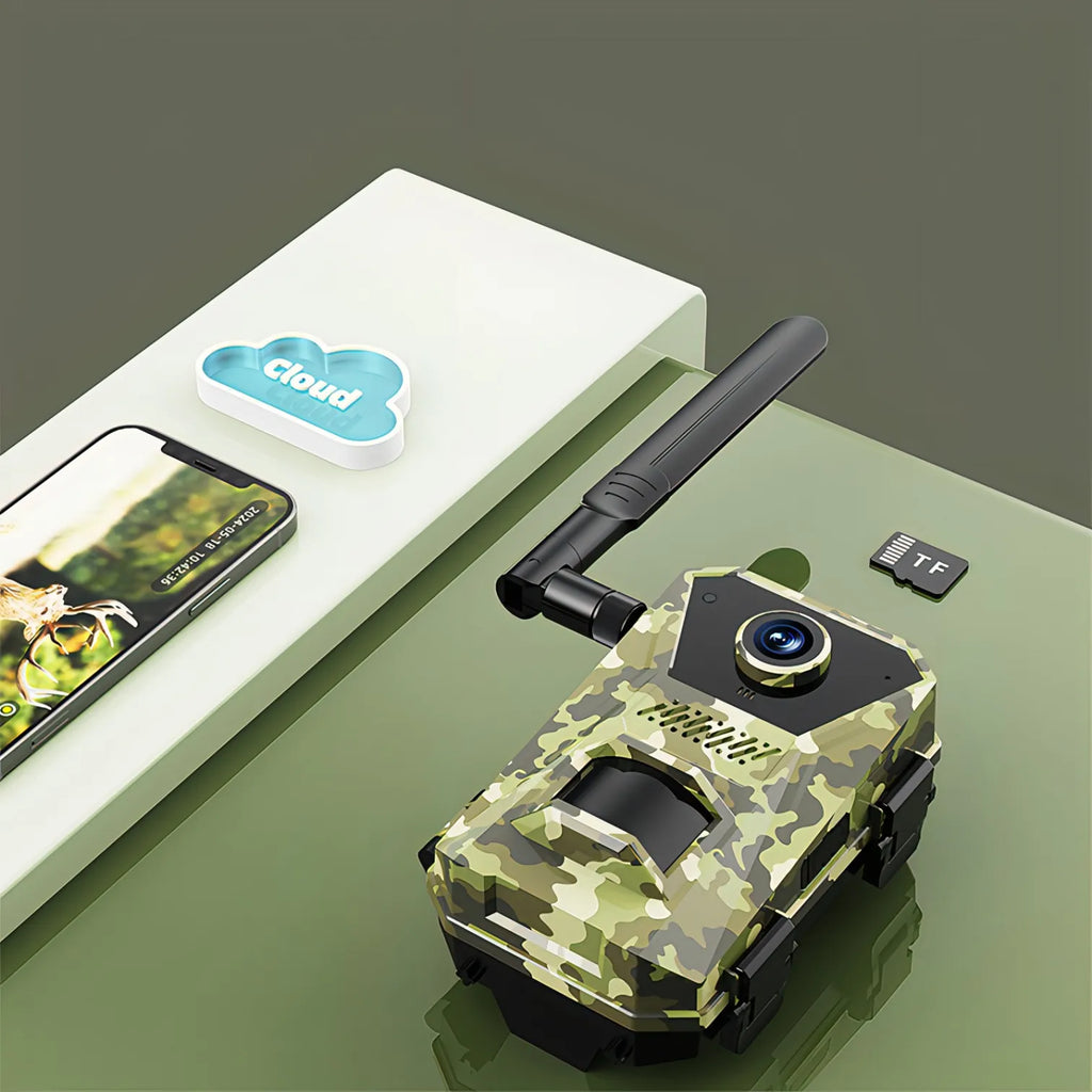 Korons Wildlife Camera patterned wildlife camera with smartphone, cloud icon, and memory card on a green surface