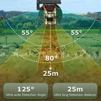Hunting Korons Wildlife Camera with detection angles and distance shown in a field setting