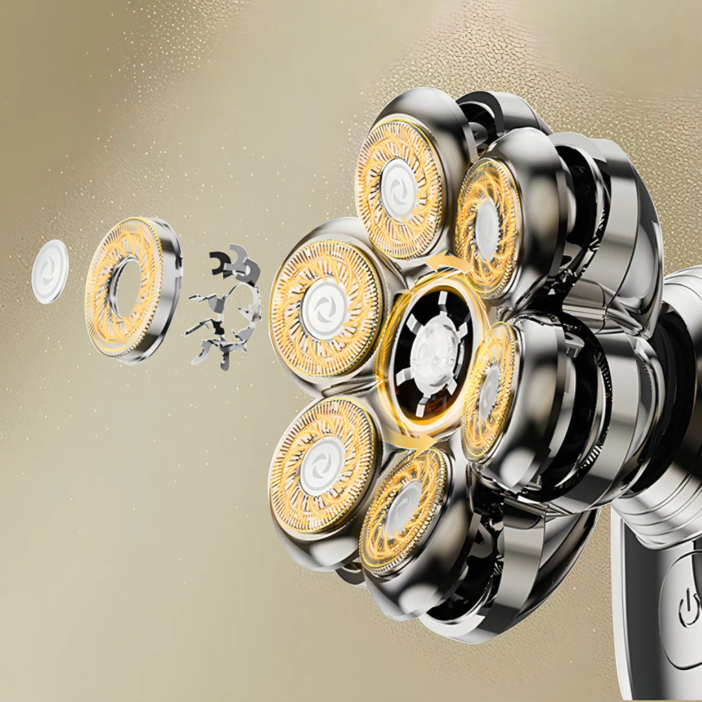 Close-up of a multi-blade Korons Head Shaver  with gold and silver blades on a beige background