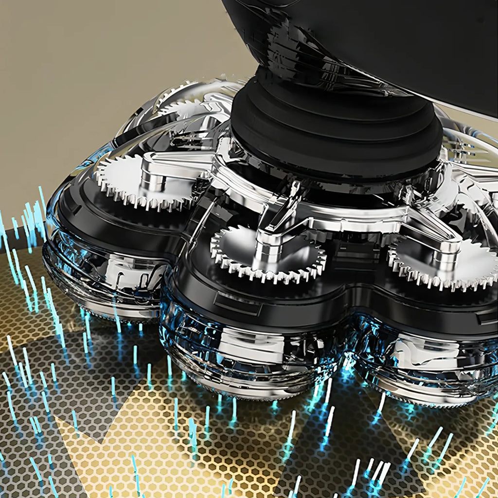 Close-up of a mechanical Korons Head Shaver  with gears on a textured surface